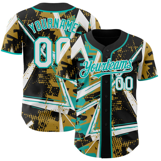Custom Black White Old Gold-Aqua Geometric Shards Dot Grid Authentic Baseball Jersey - Main View