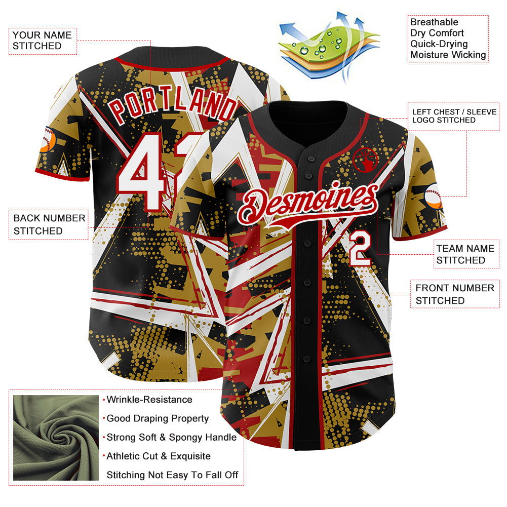 Custom Black White Old Gold-Red Geometric Shards Dot Grid Authentic Baseball Jersey view 3