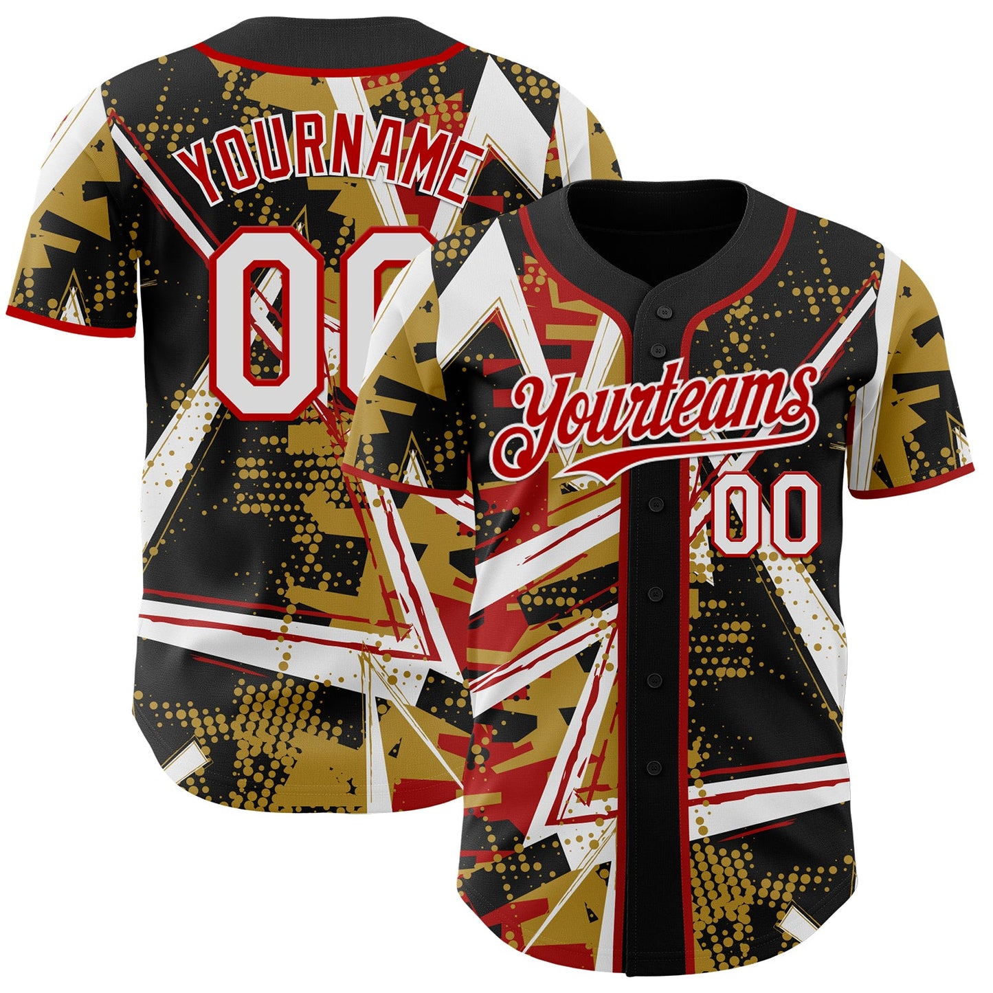 Custom Black White Old Gold-Red Geometric Shards Dot Grid Authentic Baseball Jersey - Main View