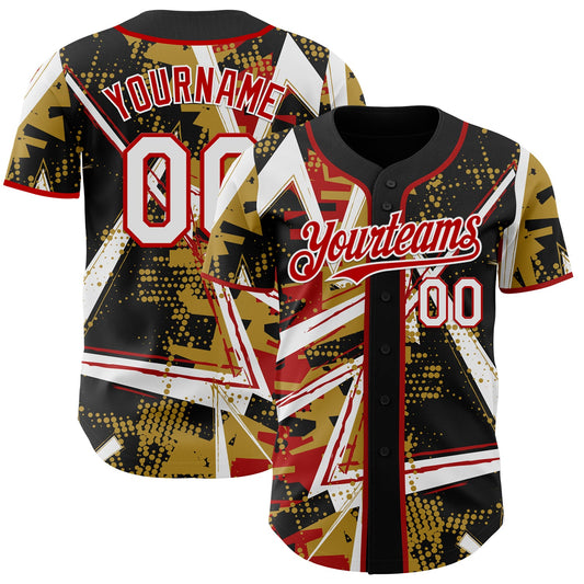 Custom Black White Old Gold-Red Geometric Shards Dot Grid Authentic Baseball Jersey - Main View