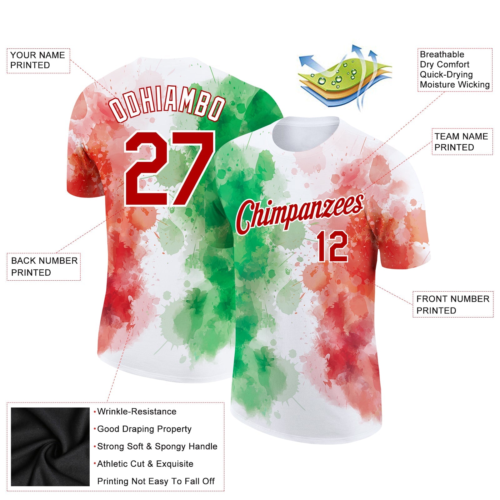 Custom White Red-Kelly Green 3D Mexico Watercolored Splashes Grunge Design Performance T-Shirt view 2