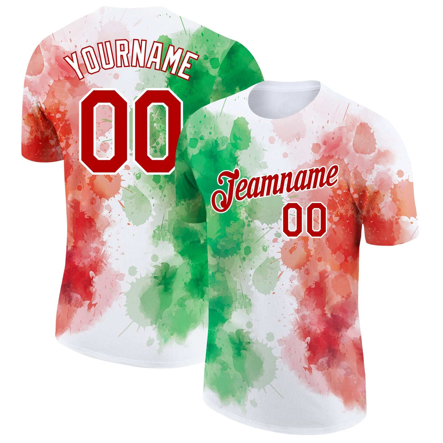 Custom White Red-Kelly Green 3D Mexico Watercolored Splashes Grunge Design Performance T-Shirt - Main View