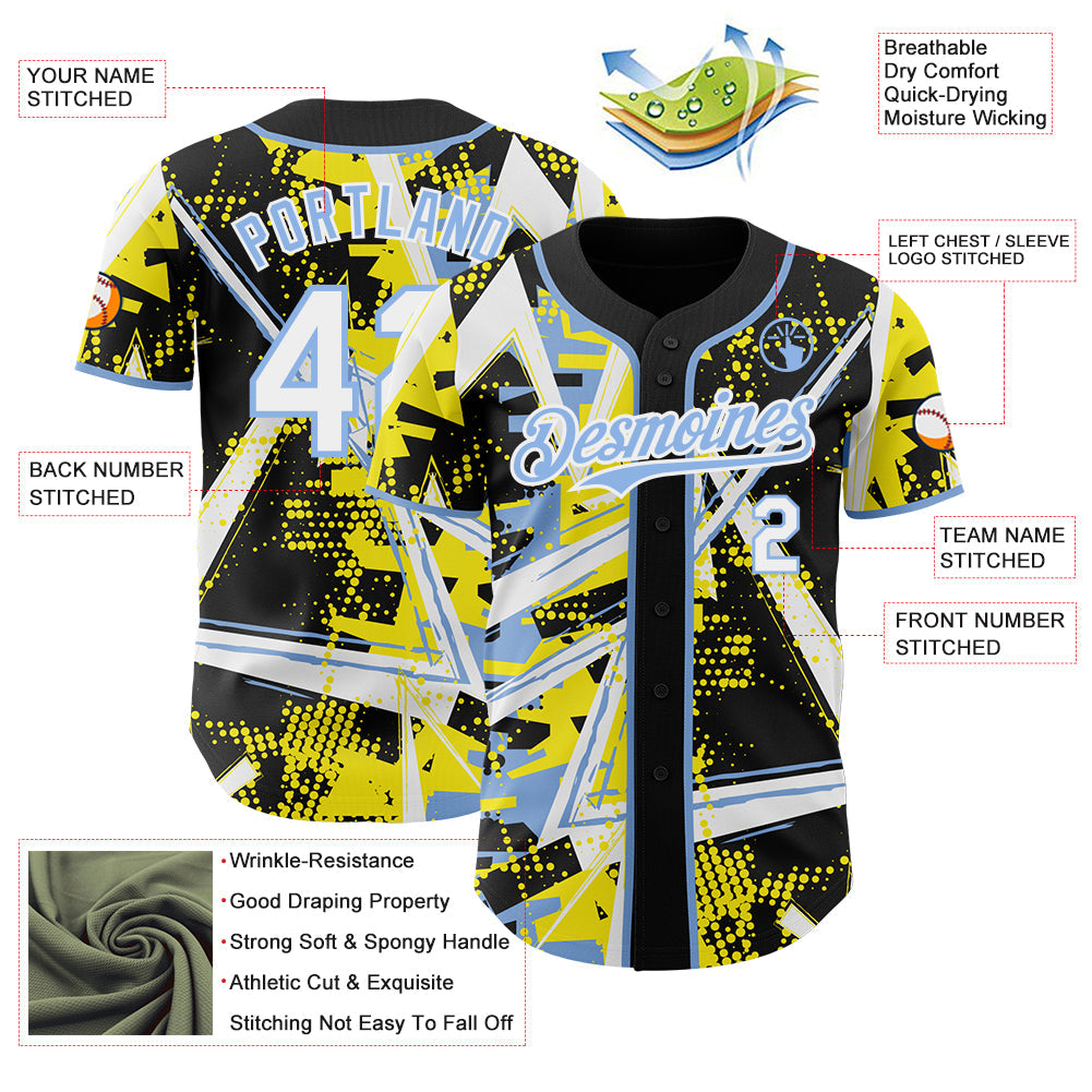 Custom Black White Light Yellow-Light Blue Geometric Shards Dot Grid Authentic Baseball Jersey view 3
