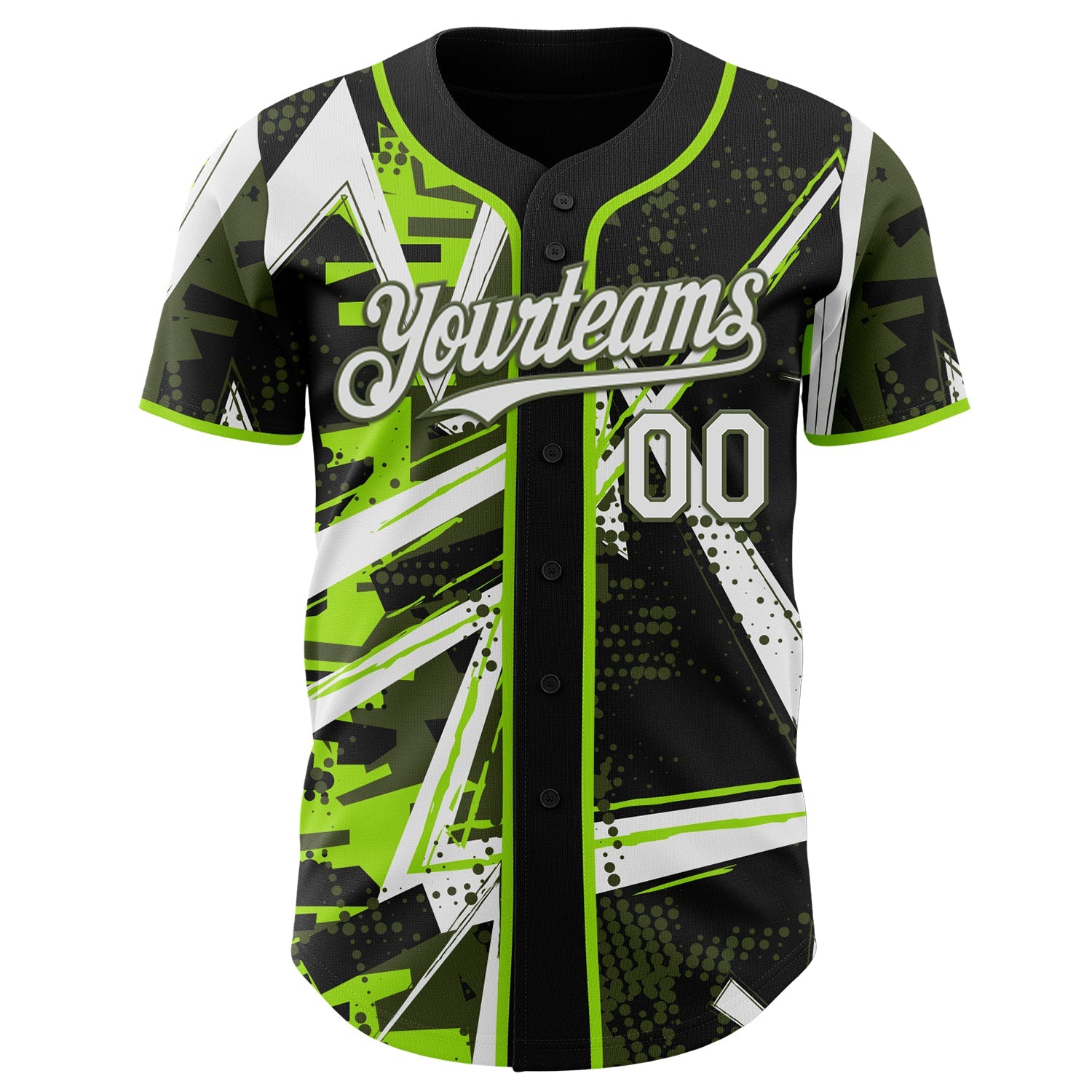 Custom Black White Neon Green-Olive Geometric Shards Dot Grid Authentic Baseball Jersey view 2