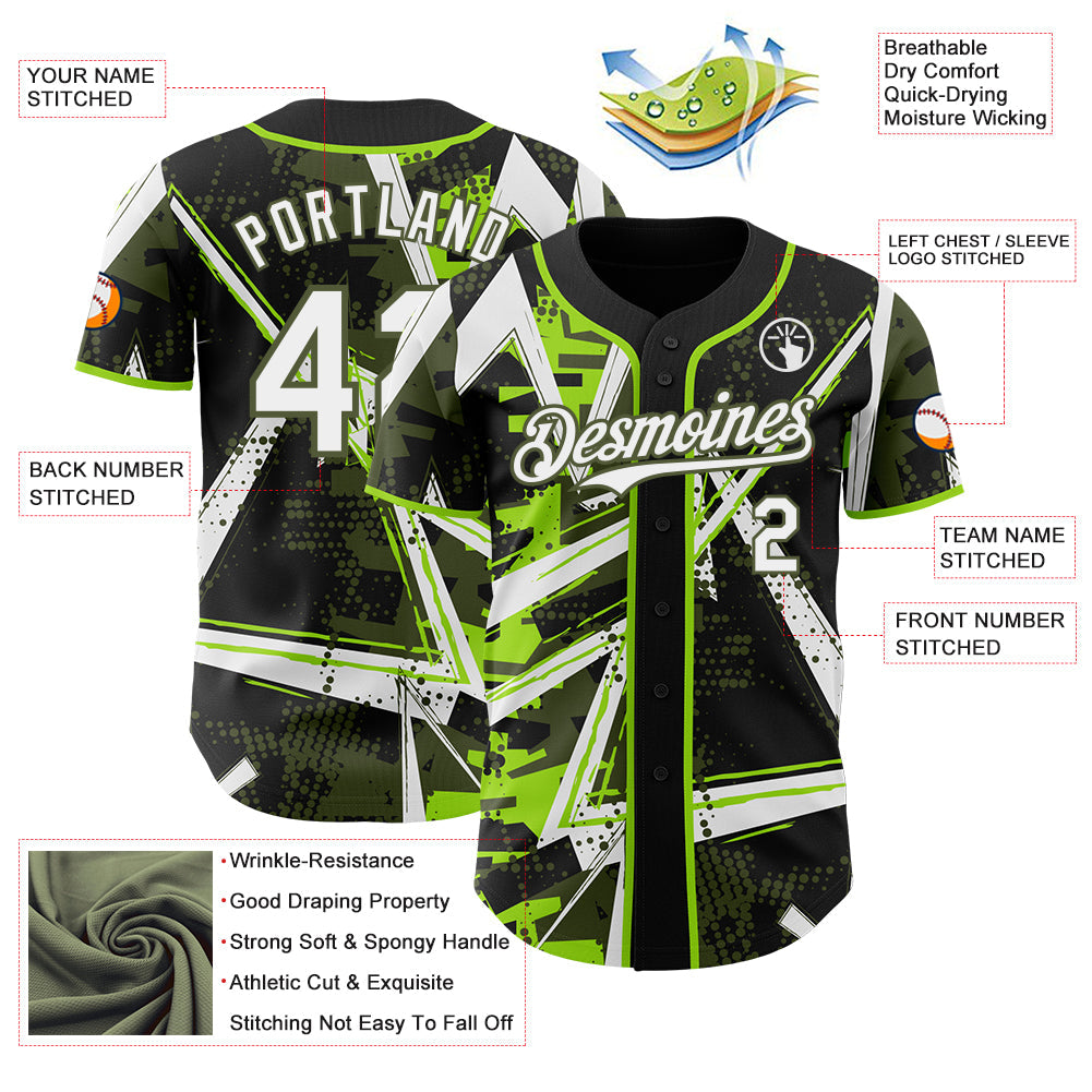 Custom Black White Neon Green-Olive Geometric Shards Dot Grid Authentic Baseball Jersey view 3