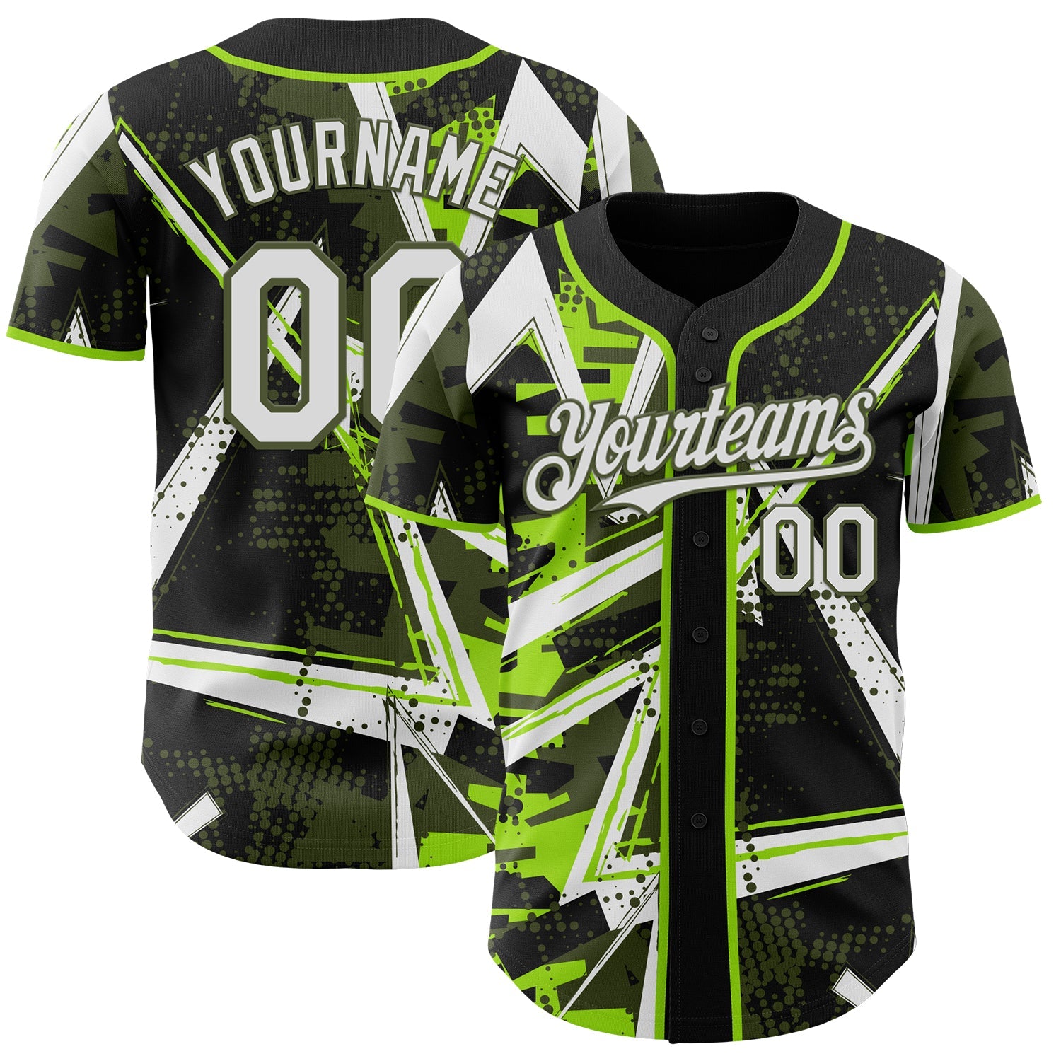Custom Black White Neon Green-Olive Geometric Shards Dot Grid Authentic Baseball Jersey - Main View