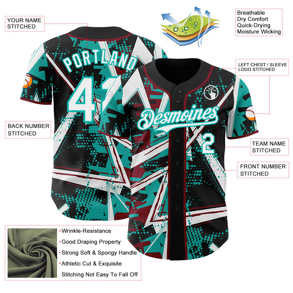 Custom Black White Crimson-Aqua Geometric Shards Dot Grid Authentic Baseball Jersey view 3