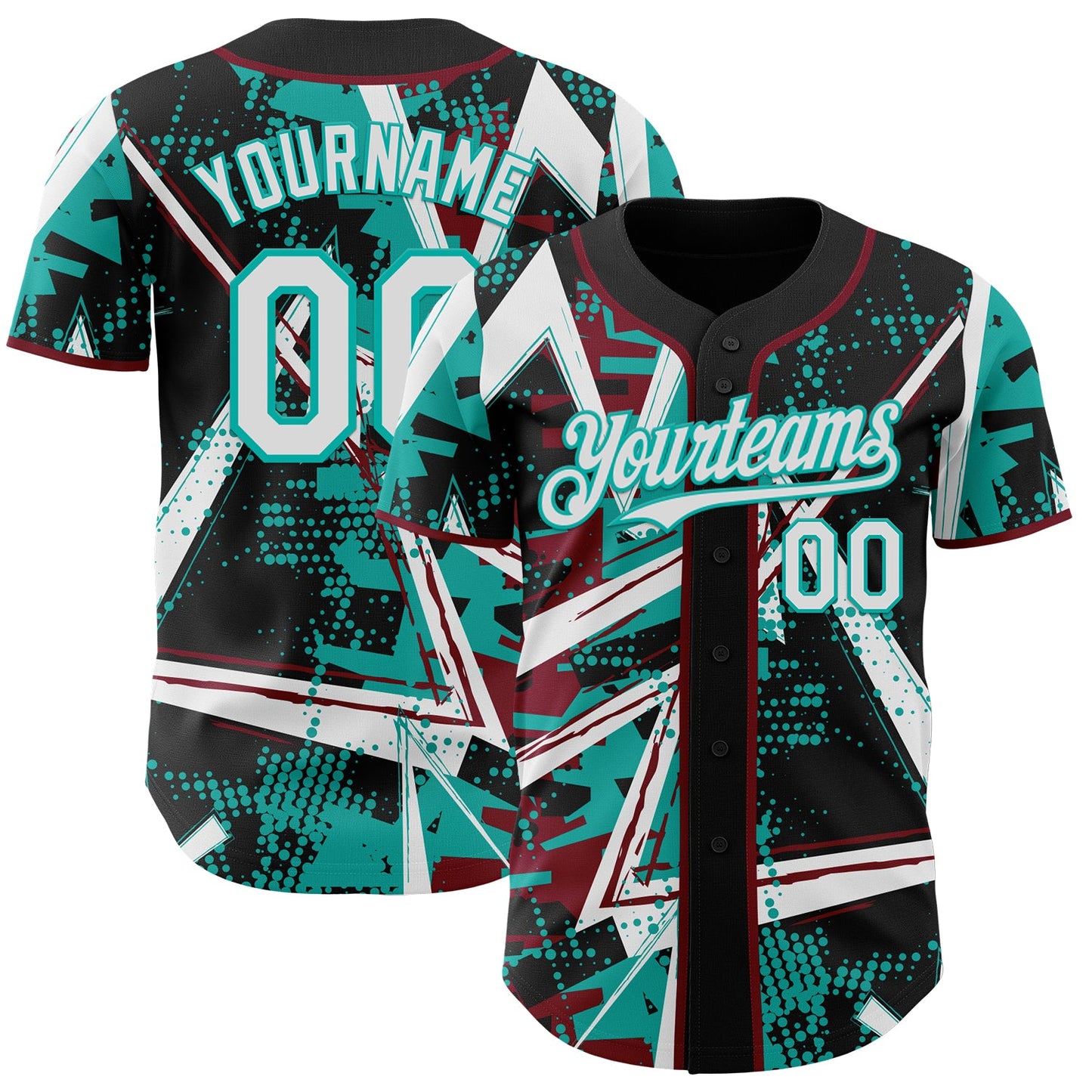 Custom Black White Crimson-Aqua Geometric Shards Dot Grid Authentic Baseball Jersey - Main View