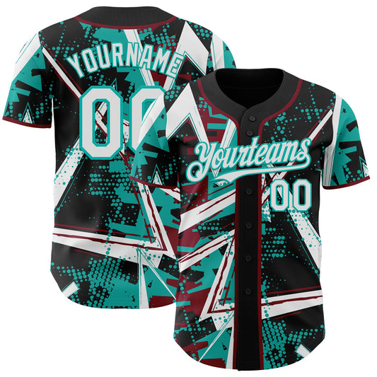 Custom Black White Crimson-Aqua Geometric Shards Dot Grid Authentic Baseball Jersey - Main View