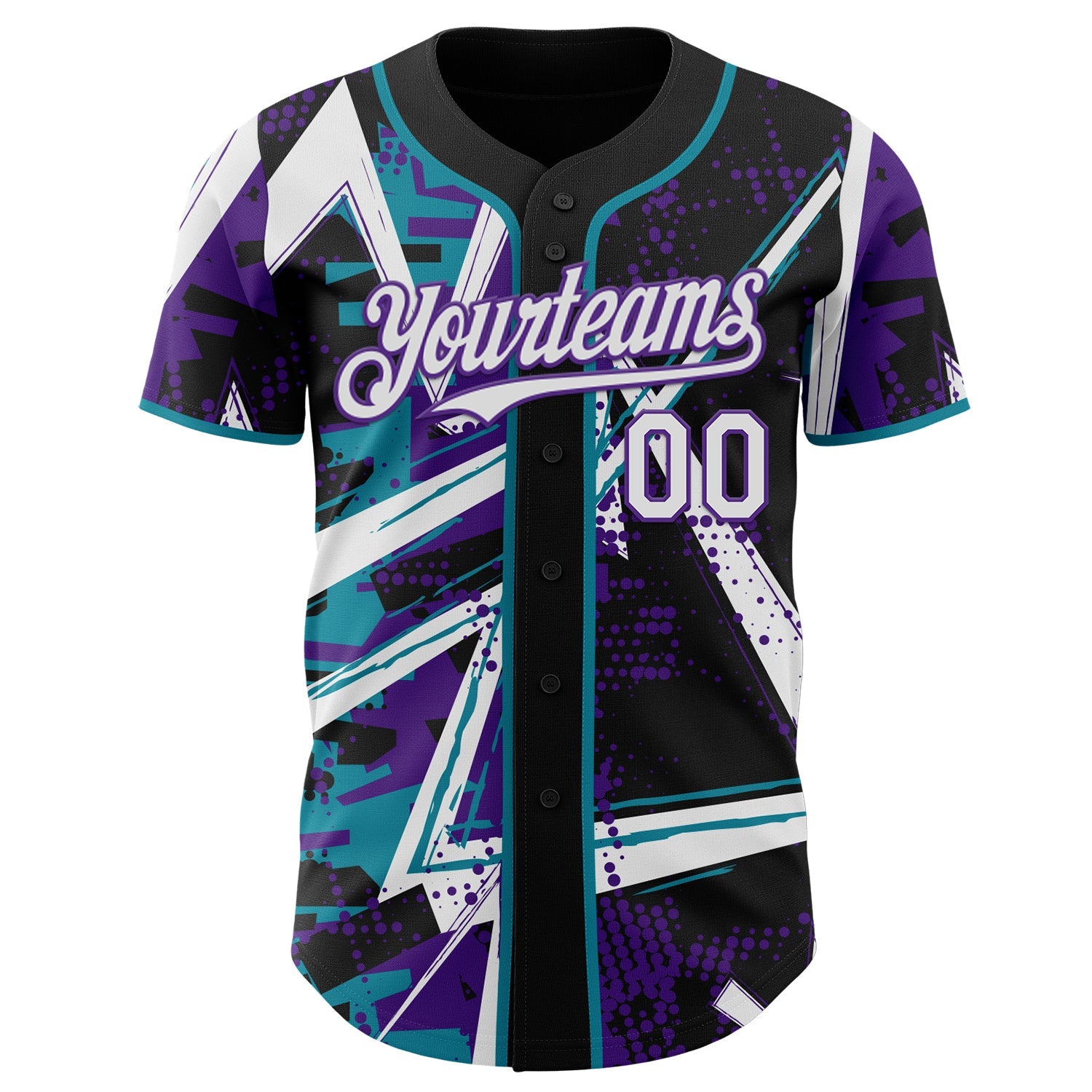 Custom Black White Teal-Purple Geometric Shards Dot Grid Authentic Baseball Jersey view 2