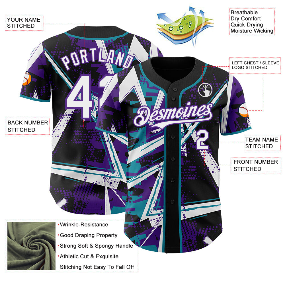 Custom Black White Teal-Purple Geometric Shards Dot Grid Authentic Baseball Jersey view 3