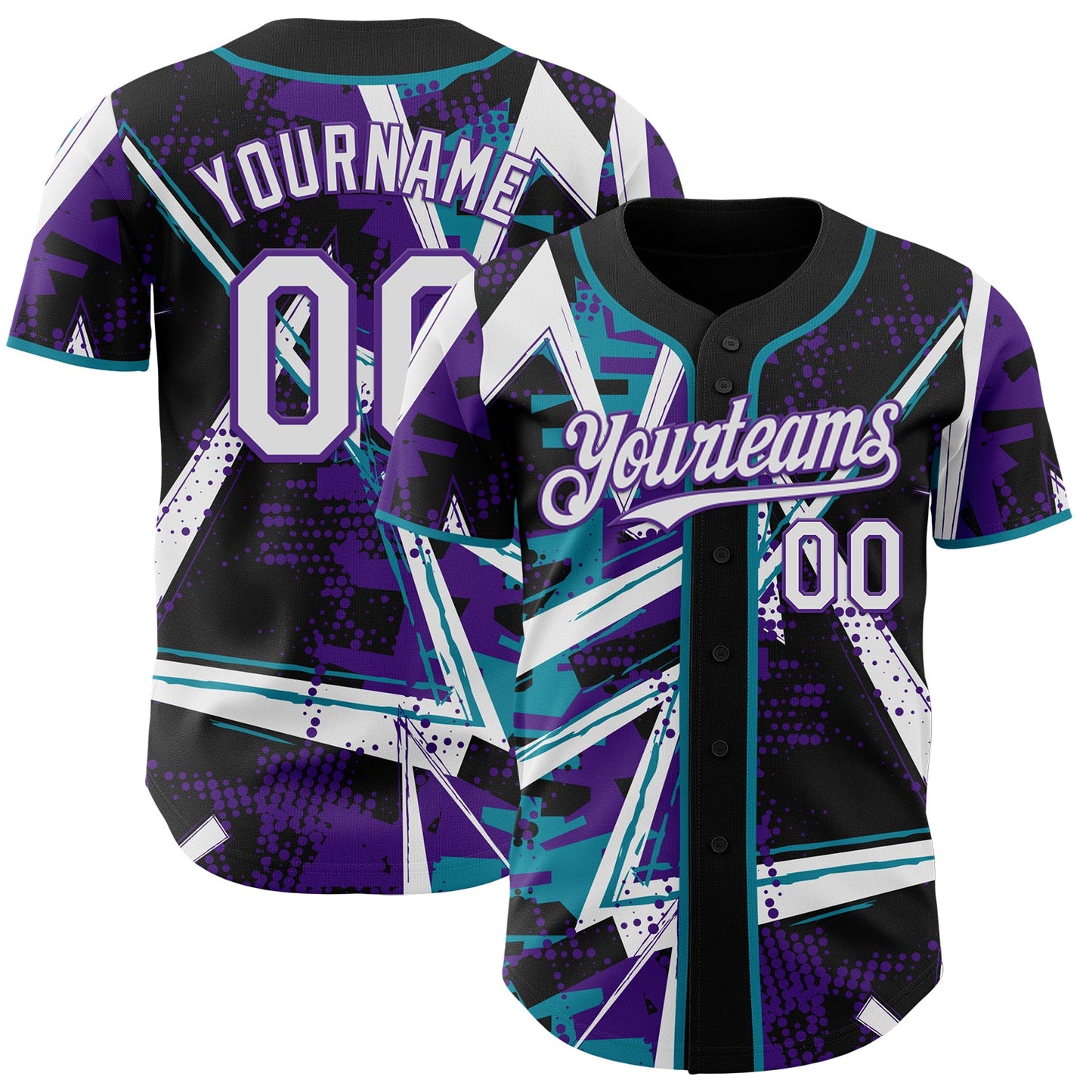 Custom Black White Teal-Purple Geometric Shards Dot Grid Authentic Baseball Jersey - Main View