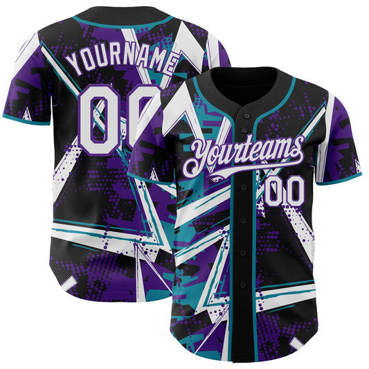 Custom Black White Teal-Purple Geometric Shards Dot Grid Authentic Baseball Jersey - Main View