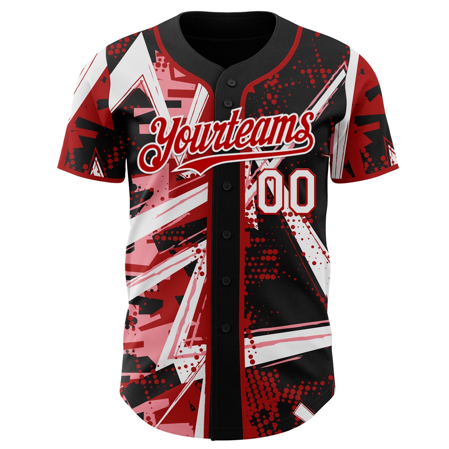 Custom Black White Medium Pink-Red Geometric Shards Dot Grid Authentic Baseball Jersey view 2