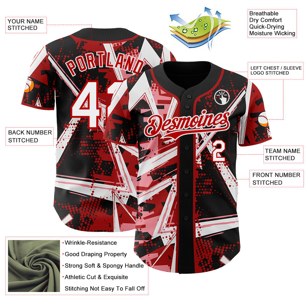 Custom Black White Medium Pink-Red Geometric Shards Dot Grid Authentic Baseball Jersey view 3