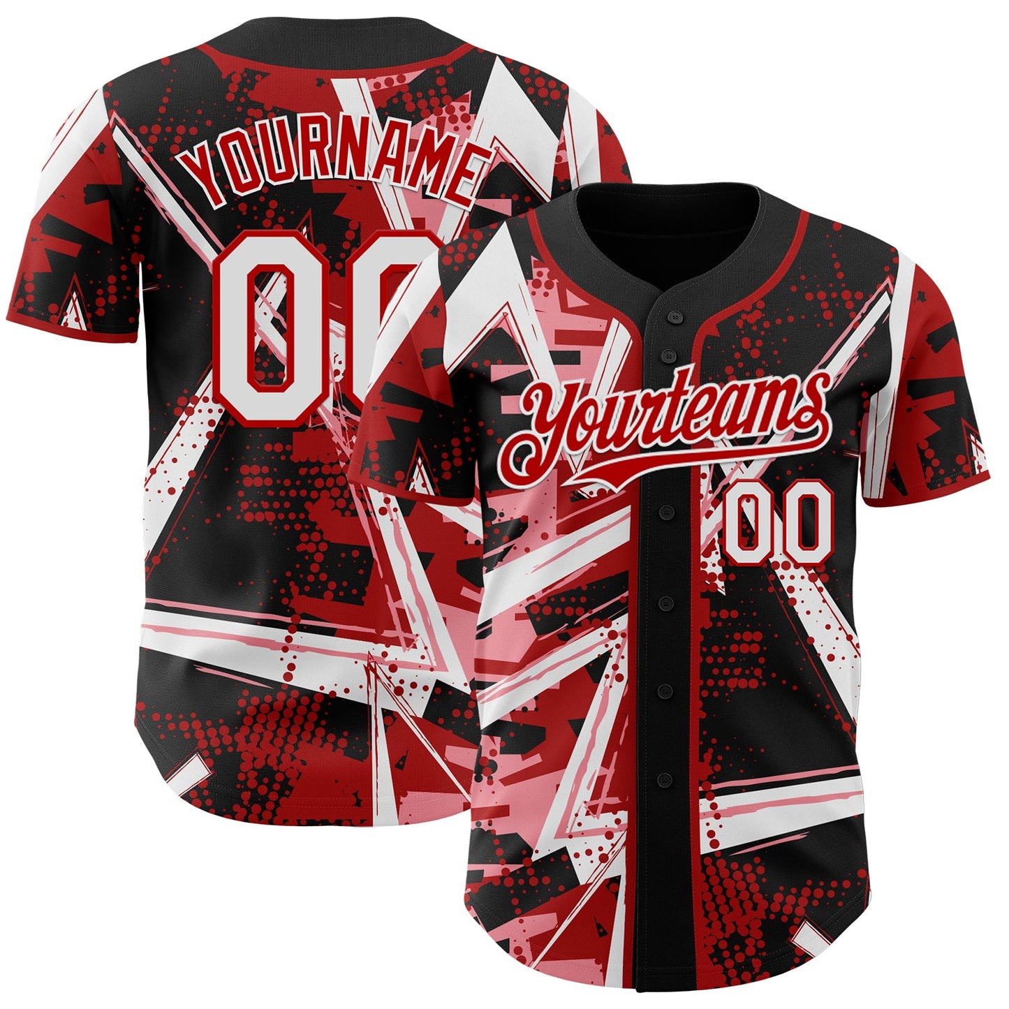 Custom Black White Medium Pink-Red Geometric Shards Dot Grid Authentic Baseball Jersey - Main View