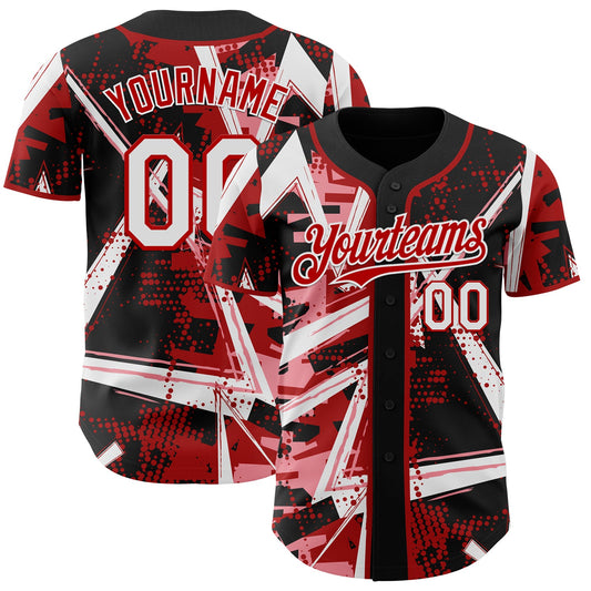 Custom Black White Medium Pink-Red Geometric Shards Dot Grid Authentic Baseball Jersey - Main View