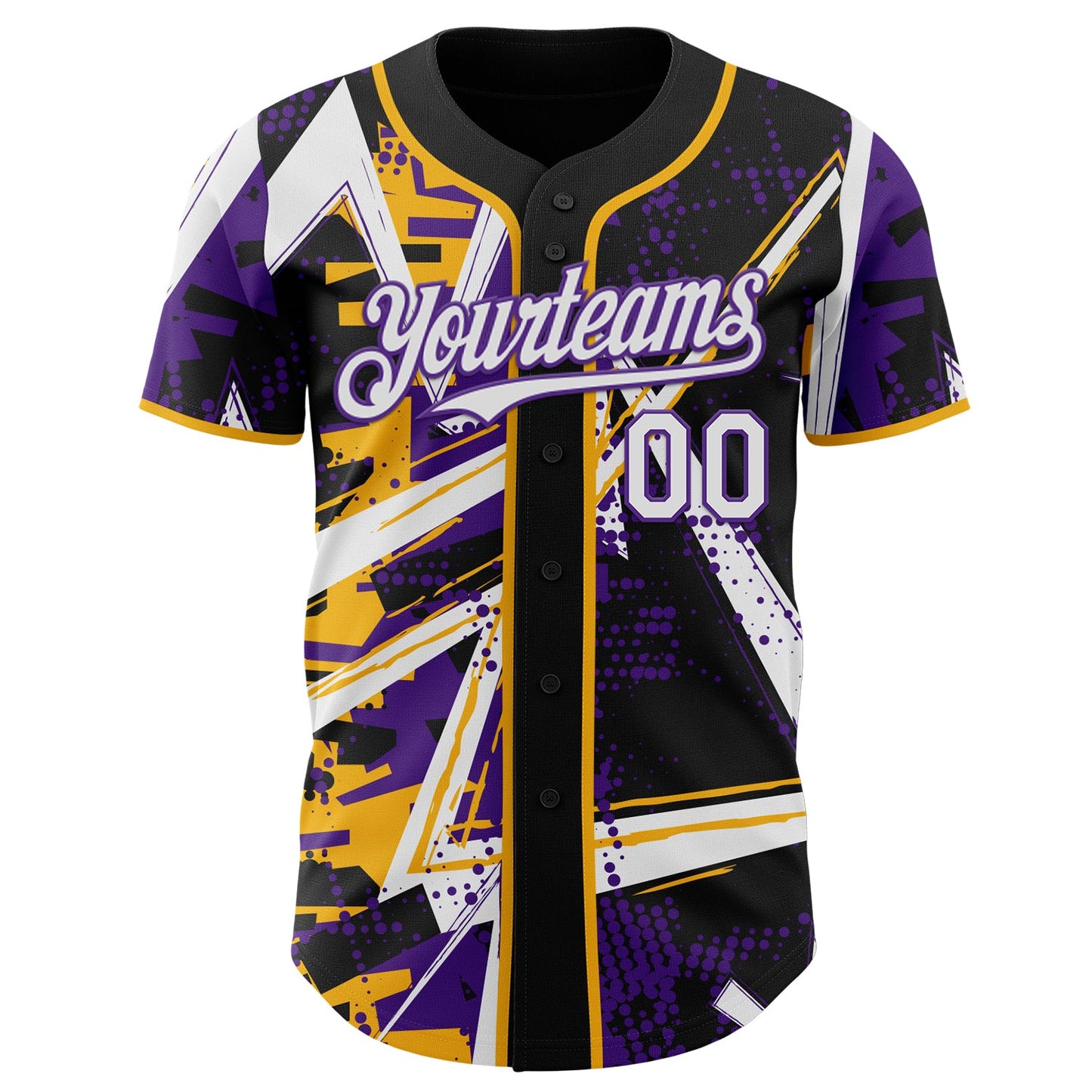 Custom Black White Gold-Purple Geometric Shards Dot Grid Authentic Baseball Jersey view 2