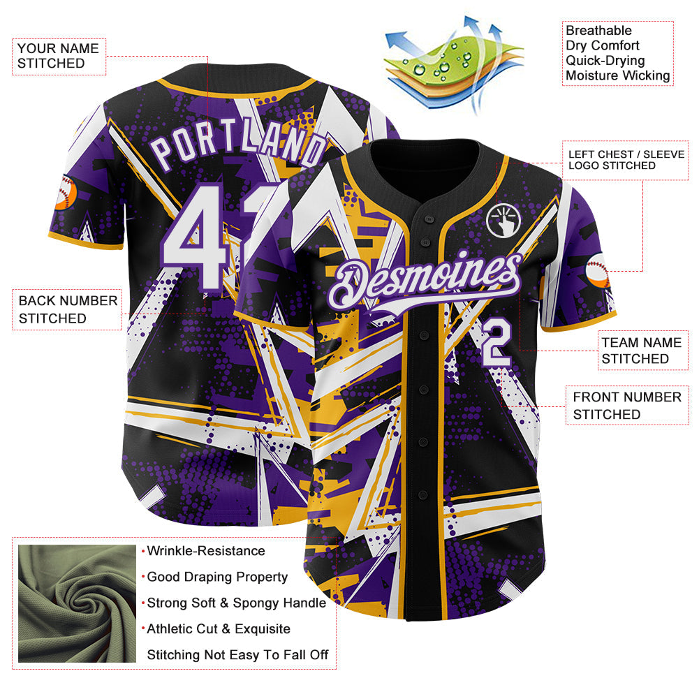 Custom Black White Gold-Purple Geometric Shards Dot Grid Authentic Baseball Jersey view 3