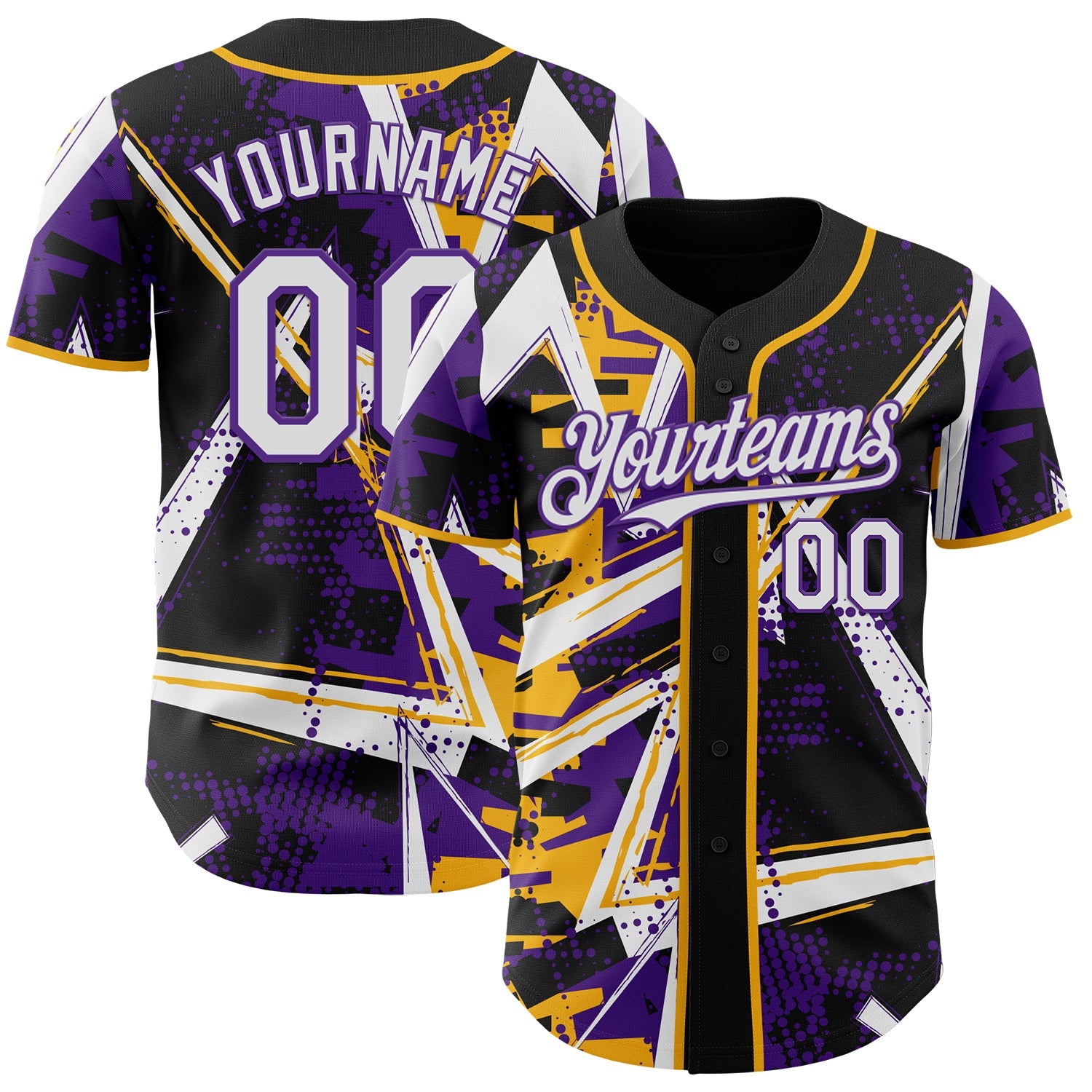Custom Black White Gold-Purple Geometric Shards Dot Grid Authentic Baseball Jersey - Main View