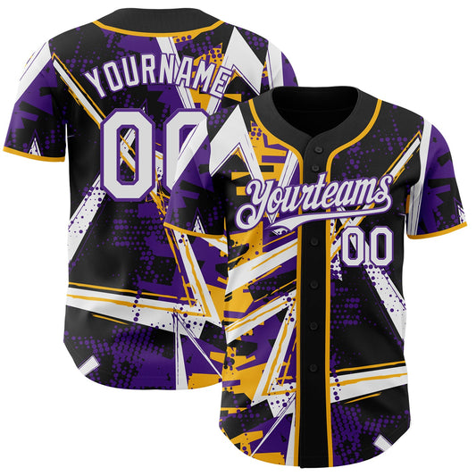 Custom Black White Gold-Purple Geometric Shards Dot Grid Authentic Baseball Jersey - Main View