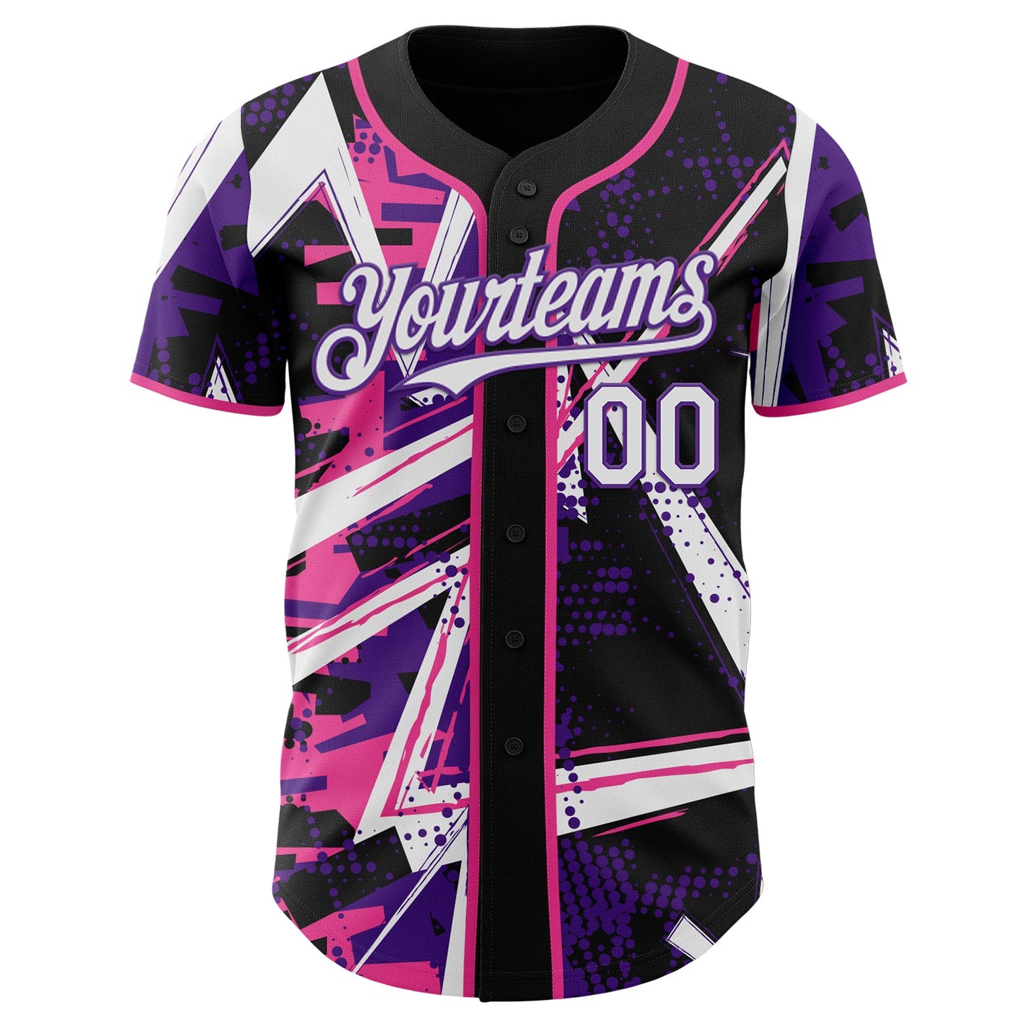 Custom Black White Pink-Purple Geometric Shards Dot Grid Authentic Baseball Jersey view 2