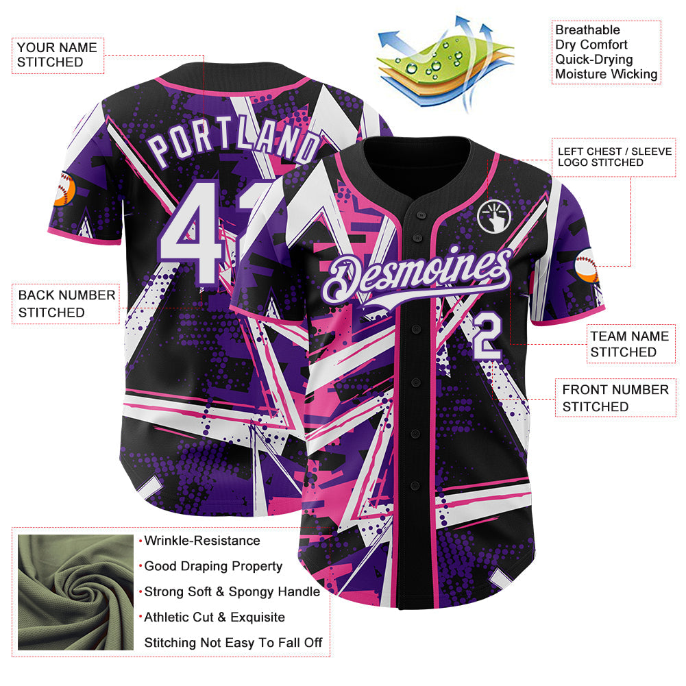 Custom Black White Pink-Purple Geometric Shards Dot Grid Authentic Baseball Jersey view 3
