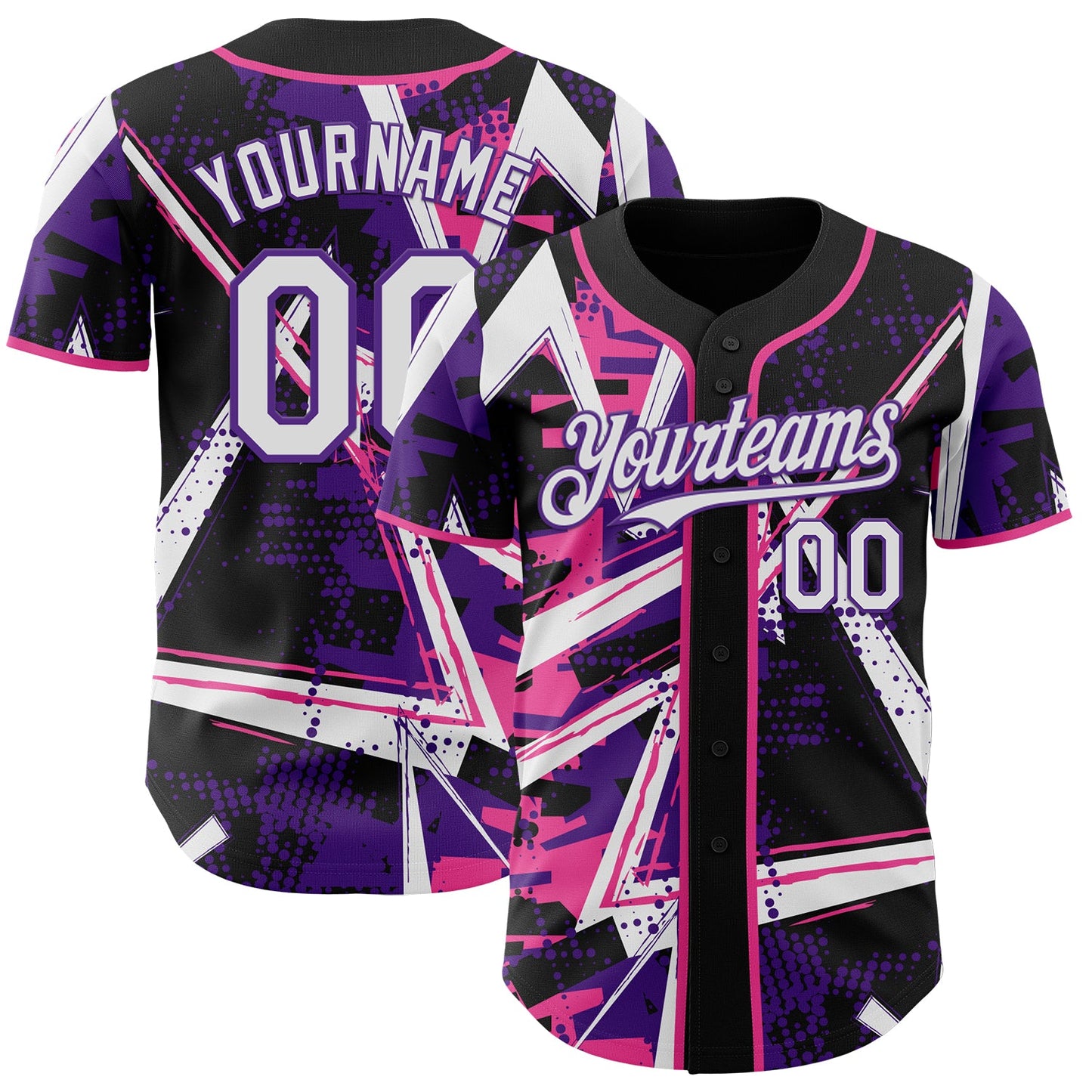 Custom Black White Pink-Purple Geometric Shards Dot Grid Authentic Baseball Jersey - Main View