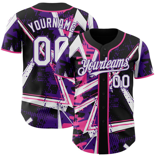 Custom Black White Pink-Purple Geometric Shards Dot Grid Authentic Baseball Jersey - Main View