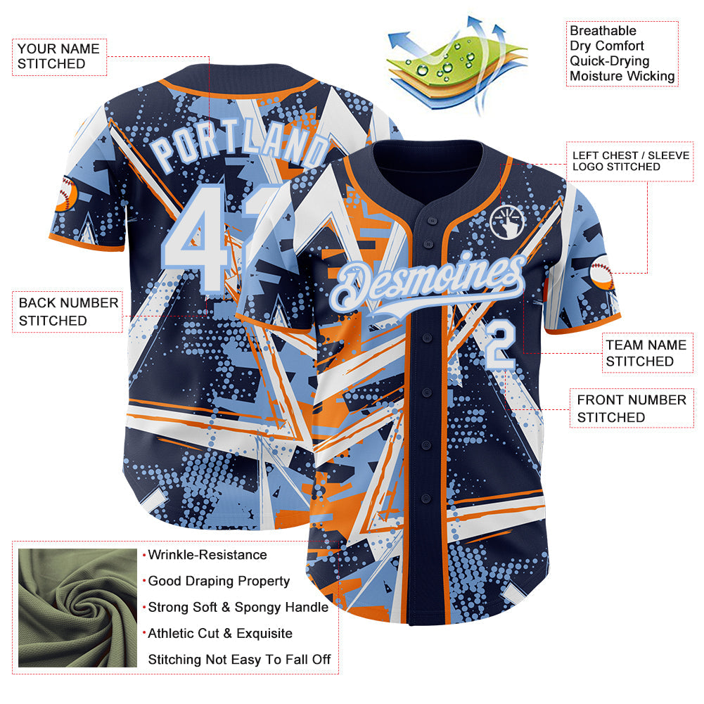 Custom Navy White Bay Orange-Light Blue Geometric Shards Dot Grid Authentic Baseball Jersey view 3