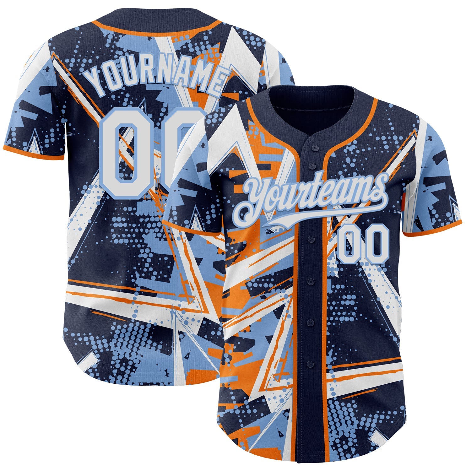 Custom Navy White Bay Orange-Light Blue Geometric Shards Dot Grid Authentic Baseball Jersey - Main View