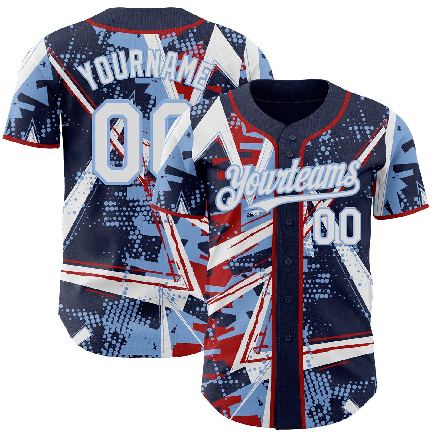 Custom Navy White Red-Light Blue Geometric Shards Dot Grid Authentic Baseball Jersey - Main View