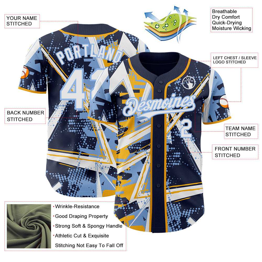 Custom Navy White Gold-Light Blue Geometric Shards Dot Grid Authentic Baseball Jersey view 3