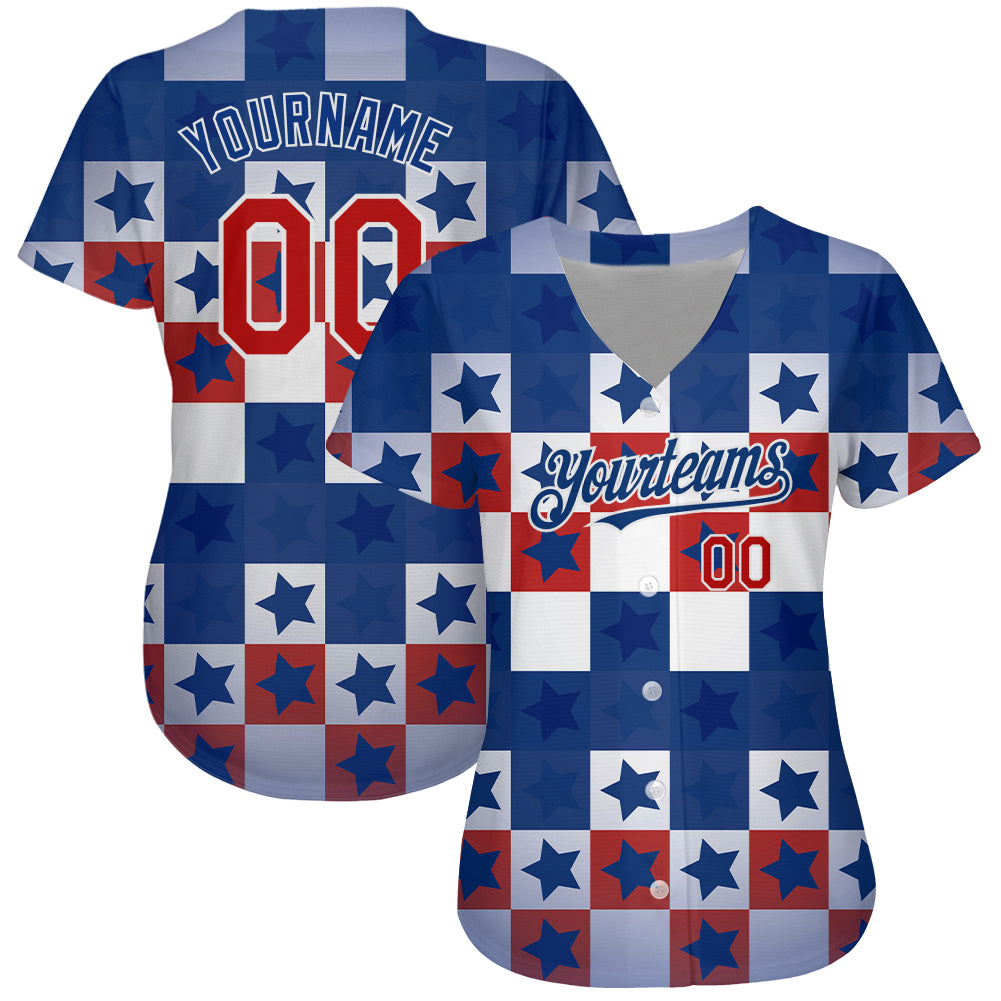 Custom Royal Red-White 3D American Flag Authentic Baseball Jersey view 2