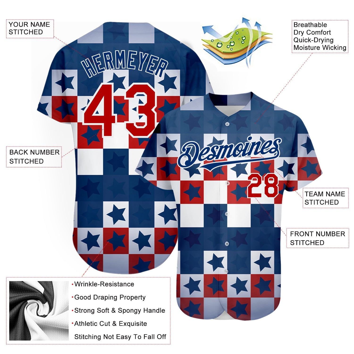 Custom Royal Red-White 3D American Flag Authentic Baseball Jersey view 3