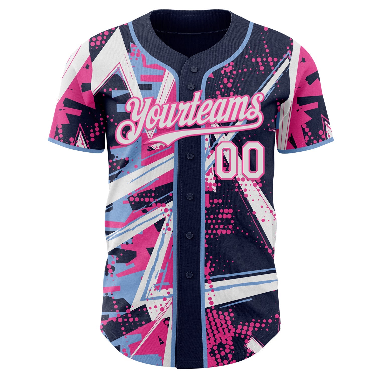 Custom Navy White Light Blue-Pink Geometric Shards Dot Grid Authentic Baseball Jersey view 2