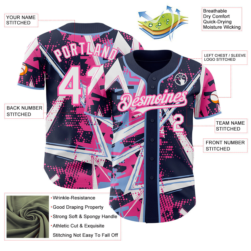 Custom Navy White Light Blue-Pink Geometric Shards Dot Grid Authentic Baseball Jersey view 3
