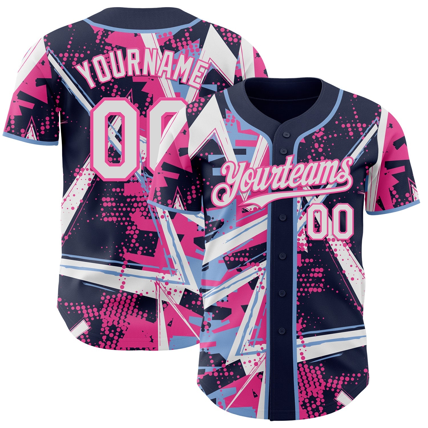 Custom Navy White Light Blue-Pink Geometric Shards Dot Grid Authentic Baseball Jersey - Main View