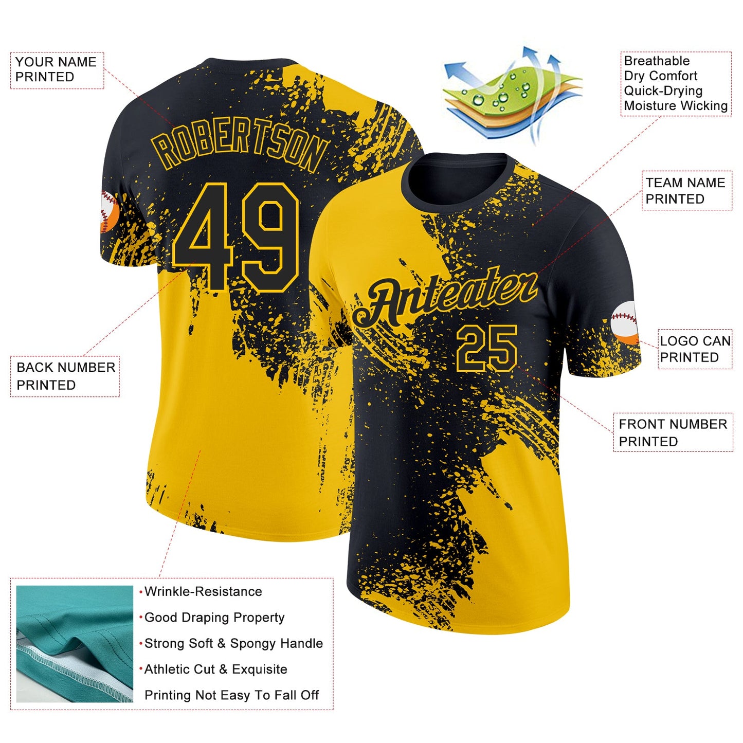 Custom Black-Yellow Abstract Brush Stroke Performance T-Shirt view 2