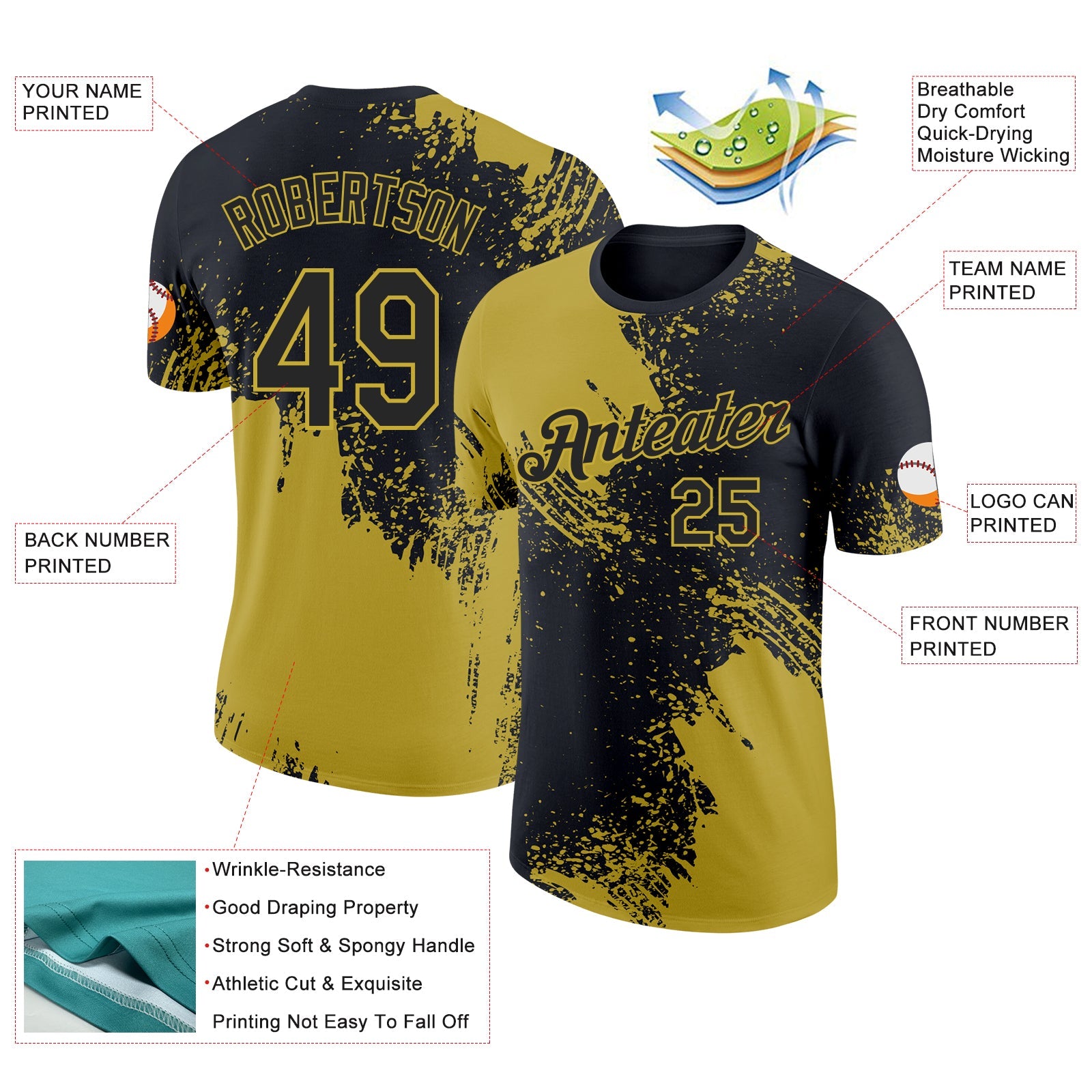 Custom Black-Old Gold Abstract Brush Stroke Performance T-Shirt view 2