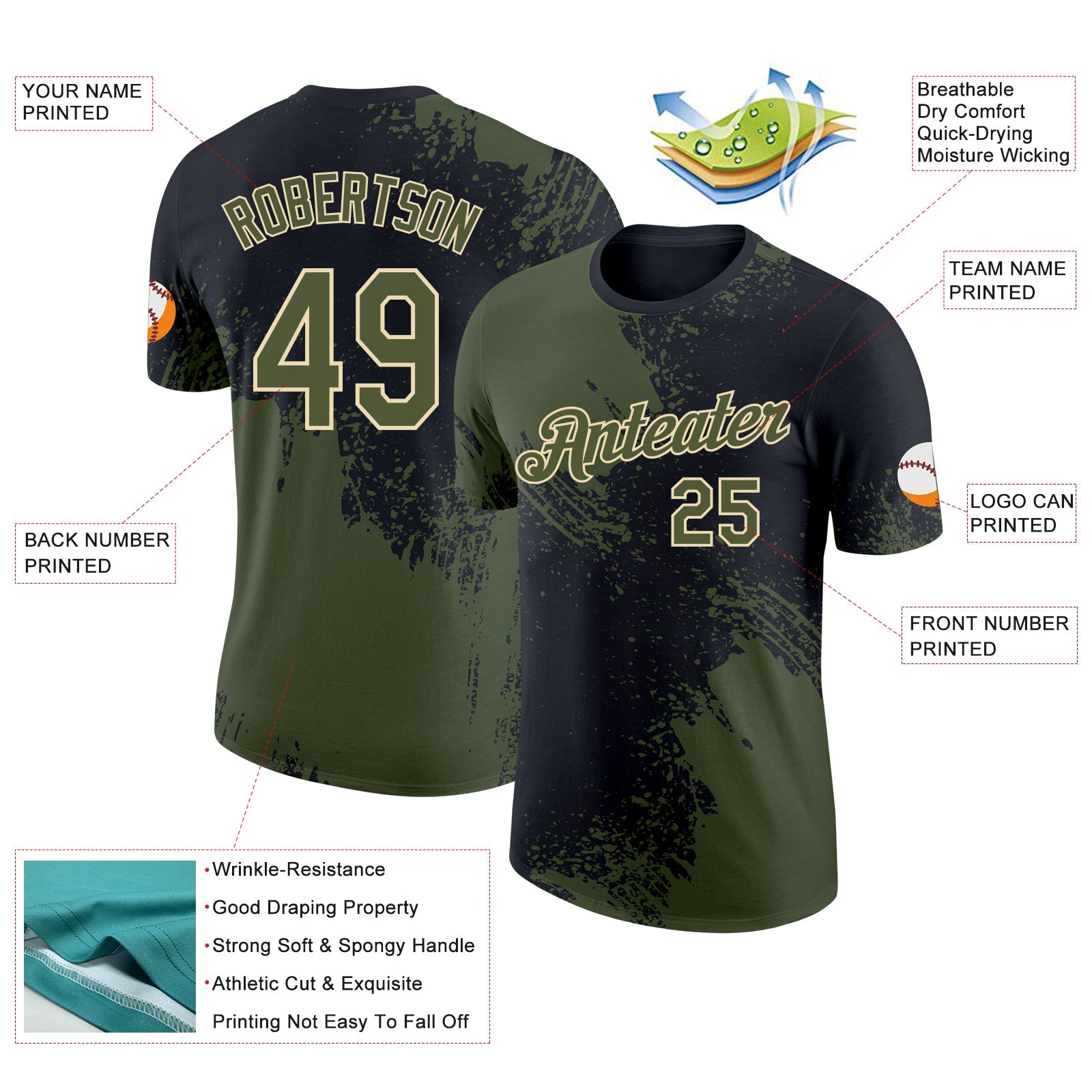 Custom Black Olive-Cream Abstract Brush Stroke Performance T-Shirt view 2