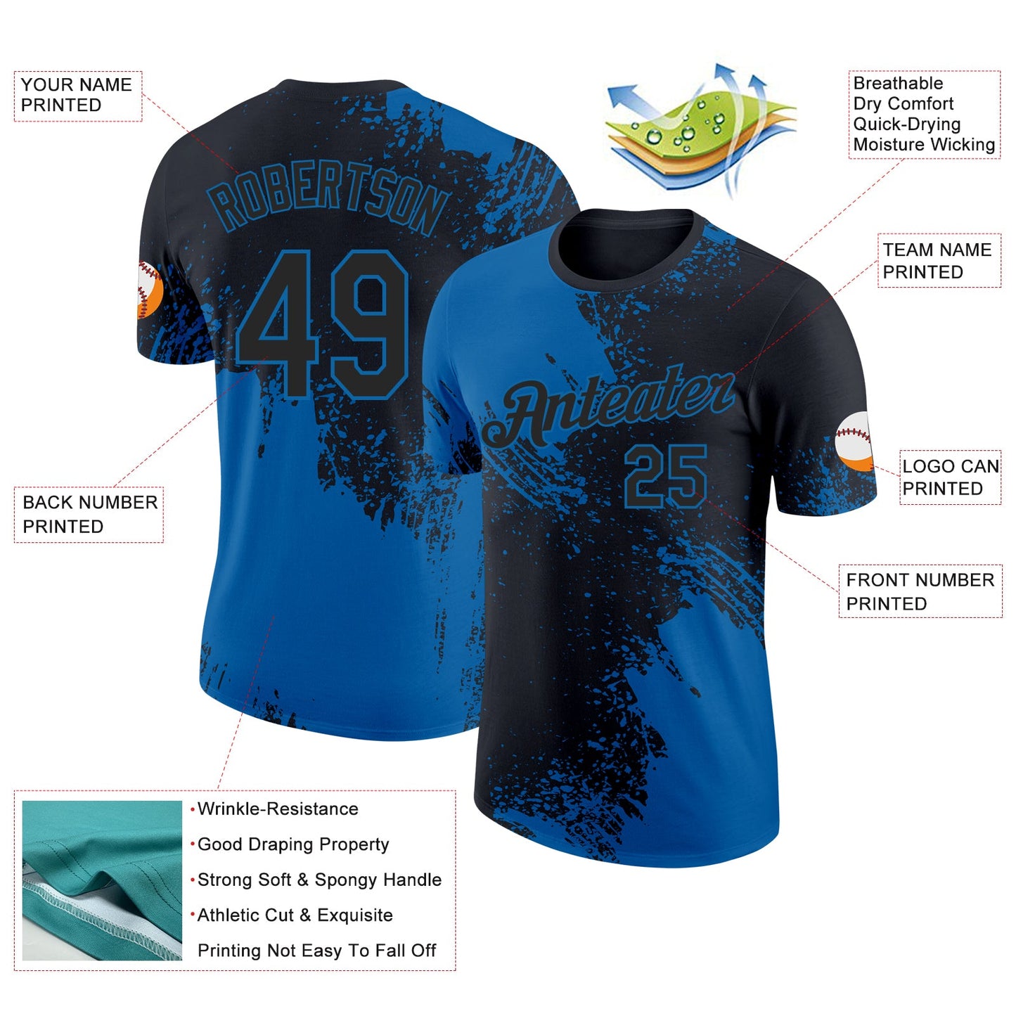 Custom Black-Blue Abstract Brush Stroke Performance T-Shirt view 2