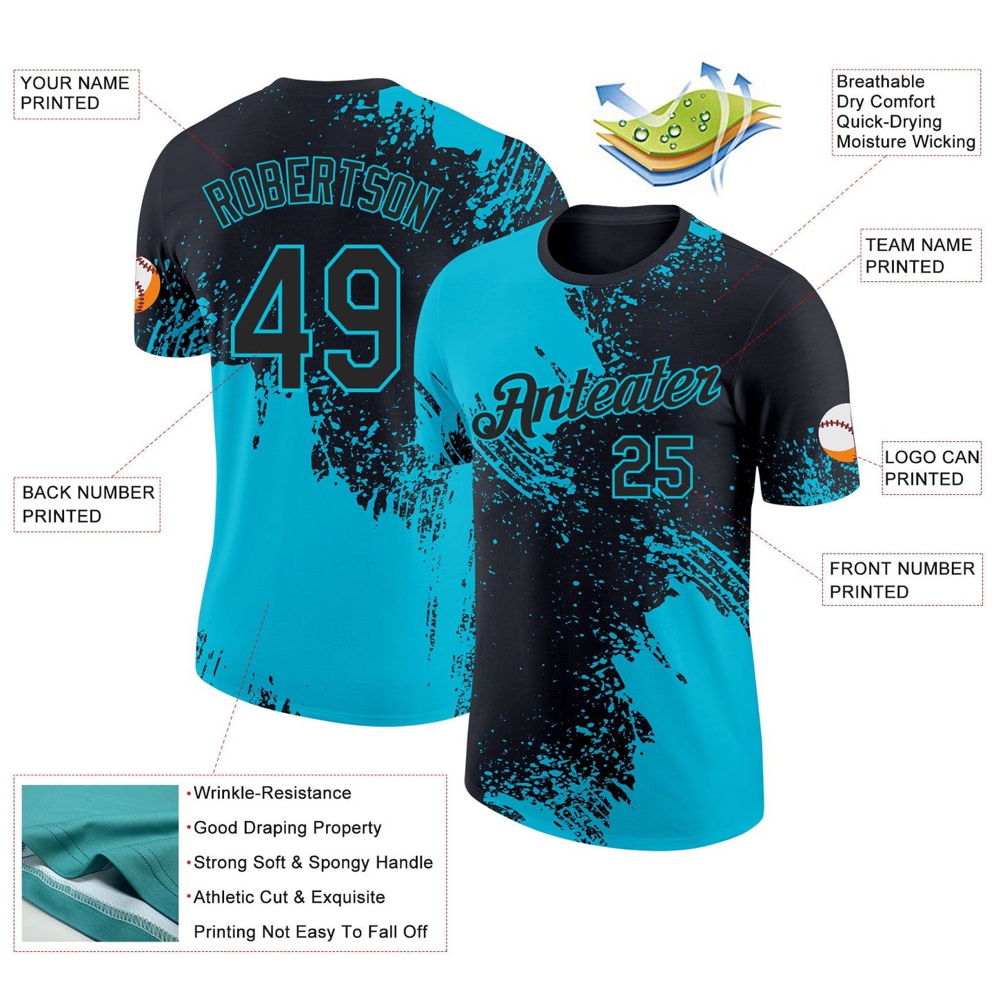 Custom Black-Lakes Blue Abstract Brush Stroke Performance T-Shirt view 2