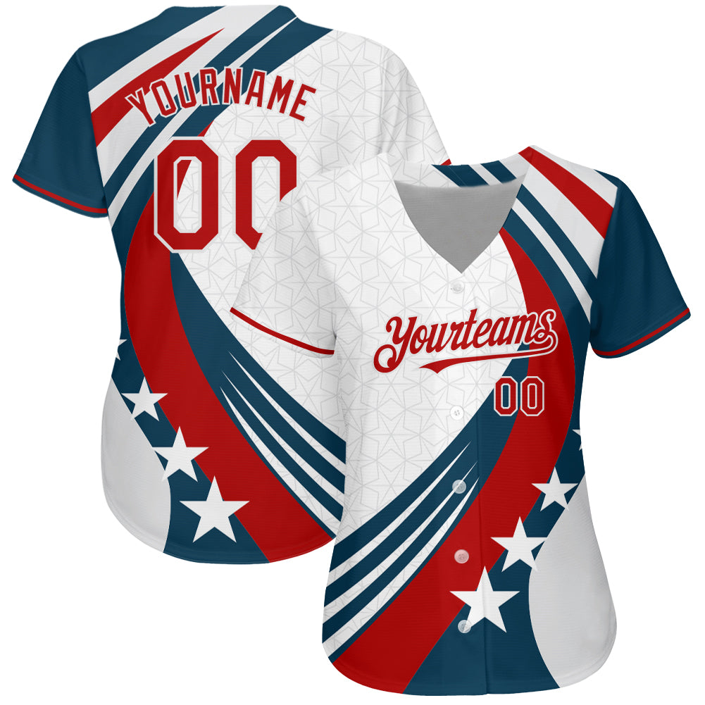 Custom White Red 3D American Flag Authentic Baseball Jersey view 2