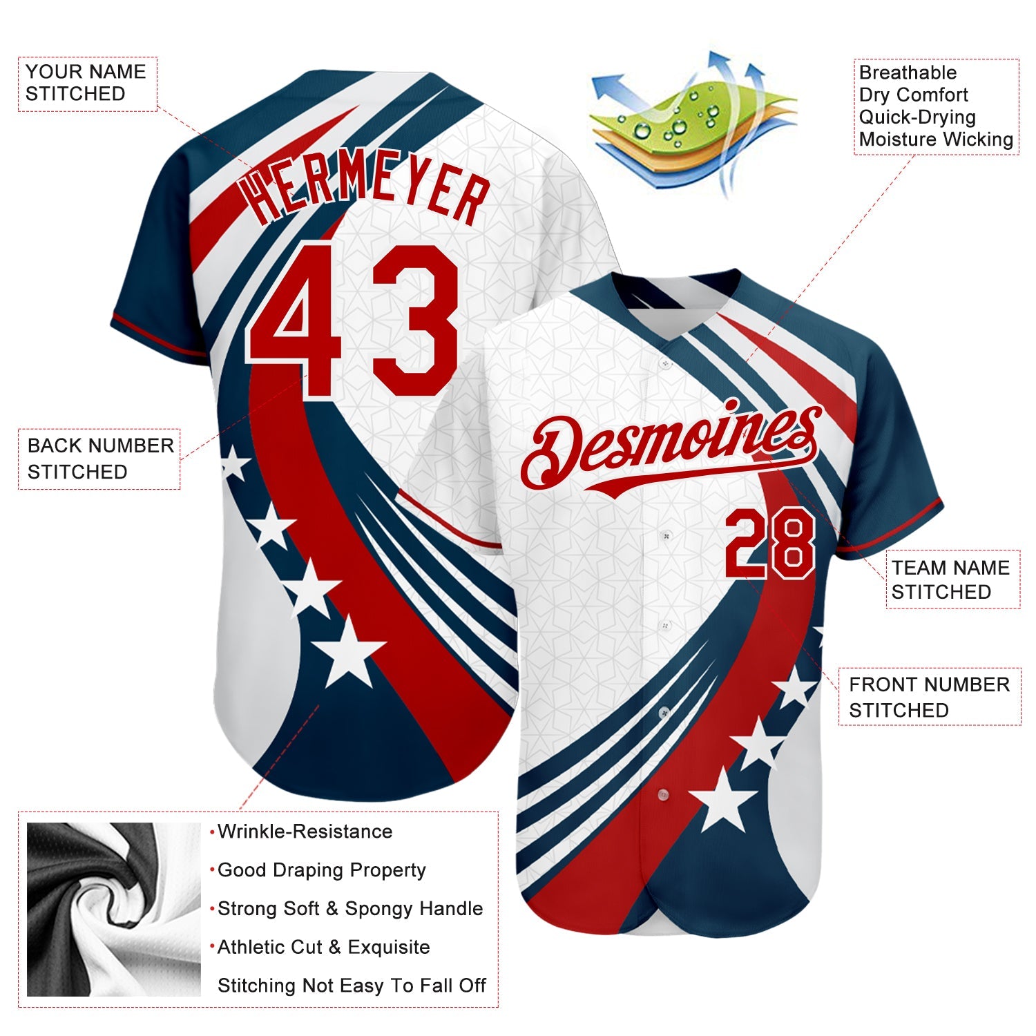 Custom White Red 3D American Flag Authentic Baseball Jersey view 3