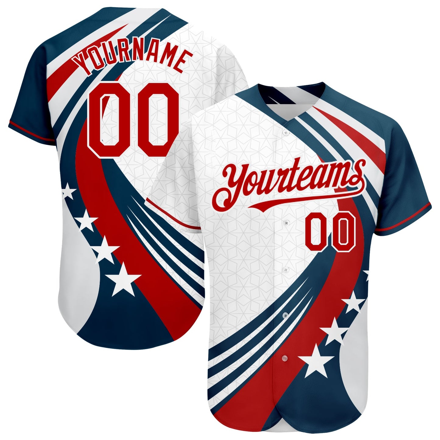 Custom White Red 3D American Flag Authentic Baseball Jersey - Main View