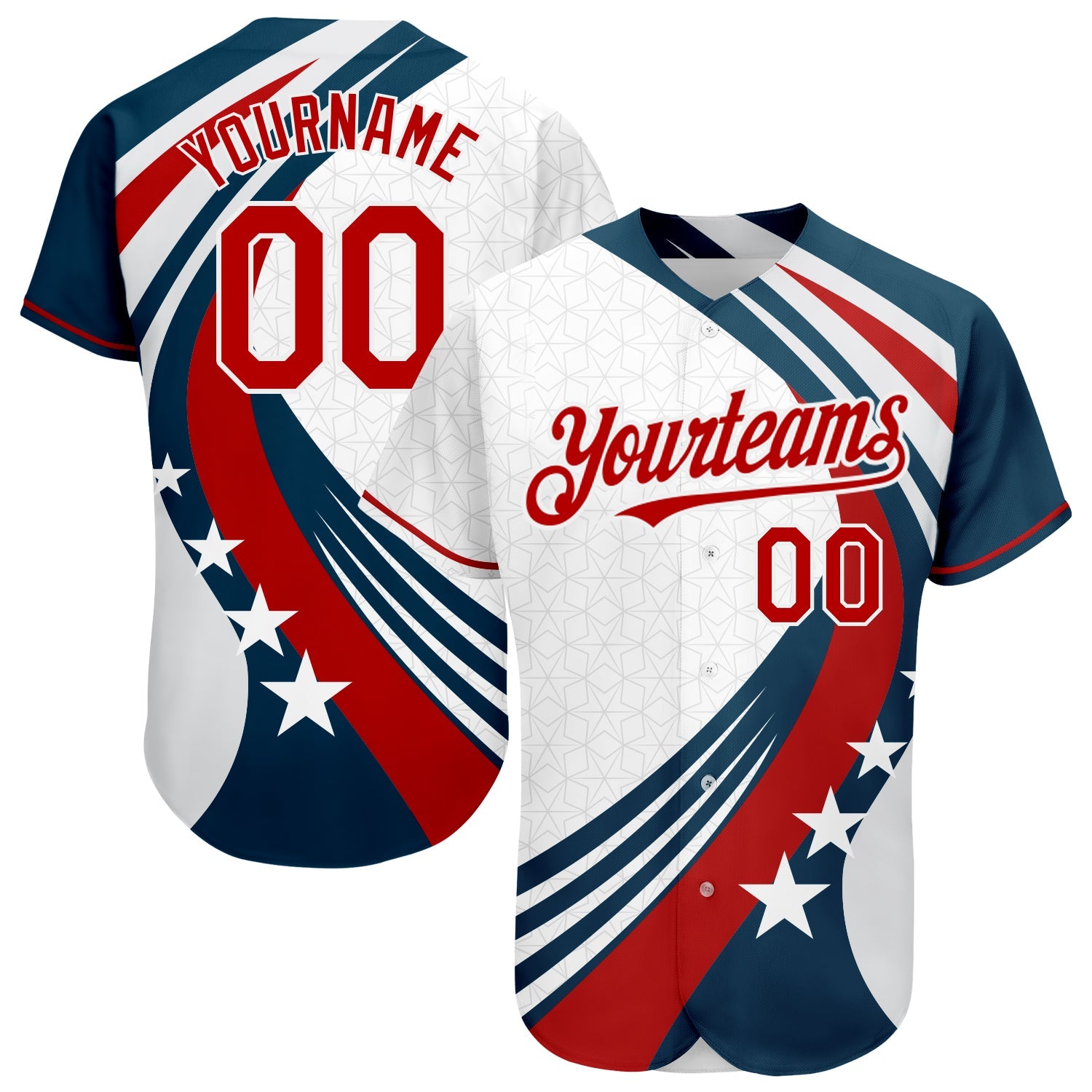 Custom White Red 3D American Flag Authentic Baseball Jersey - Main View