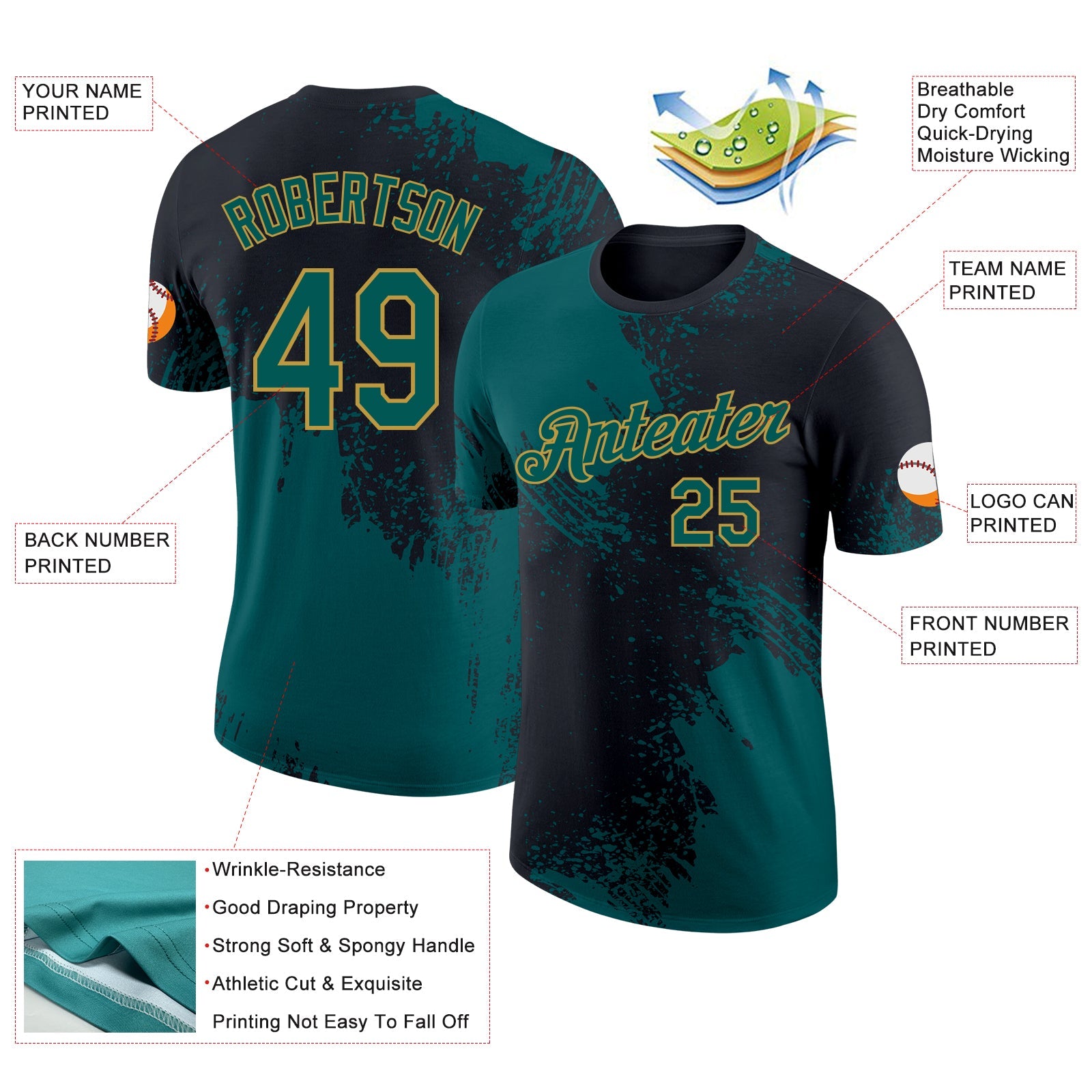 Custom Black Midnight Green-Old Gold Abstract Brush Stroke Performance T-Shirt view 2
