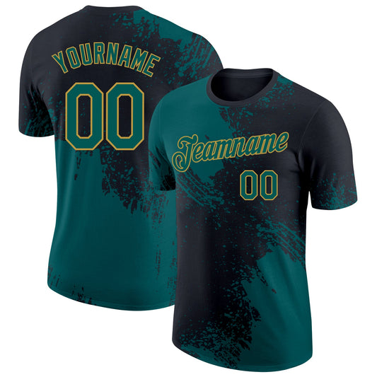 Custom Black Midnight Green-Old Gold Abstract Brush Stroke Performance T-Shirt - Main View