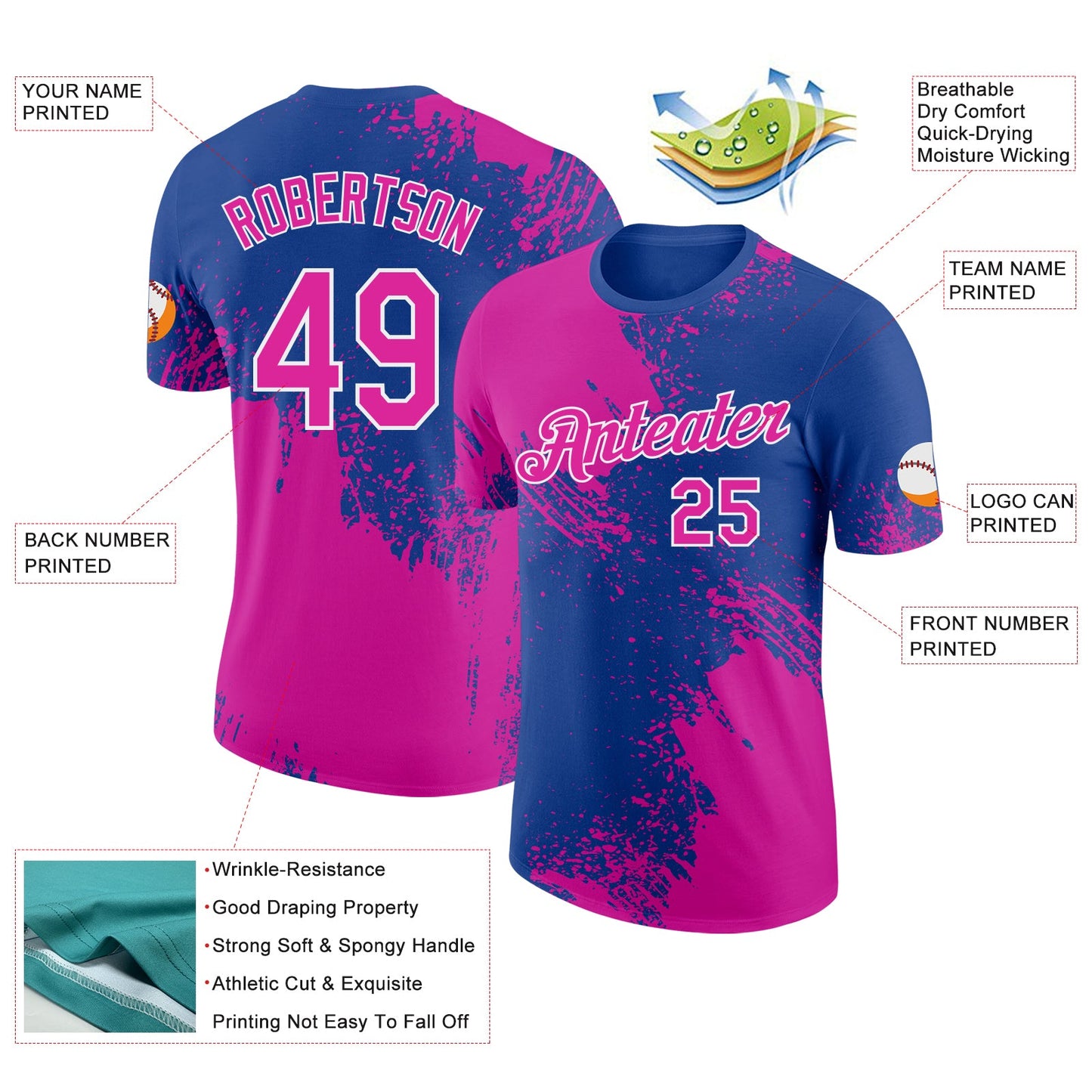 Custom Royal Deep Pink-White Abstract Brush Stroke Performance T-Shirt view 2